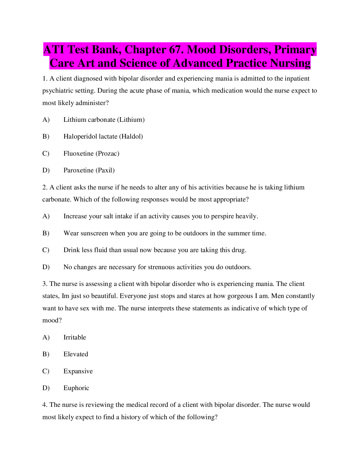 Preview image for ATI Test Bank, Chapter 67. Mood Disorders, Primary Care Art and Science of Advanced Practice Nursing